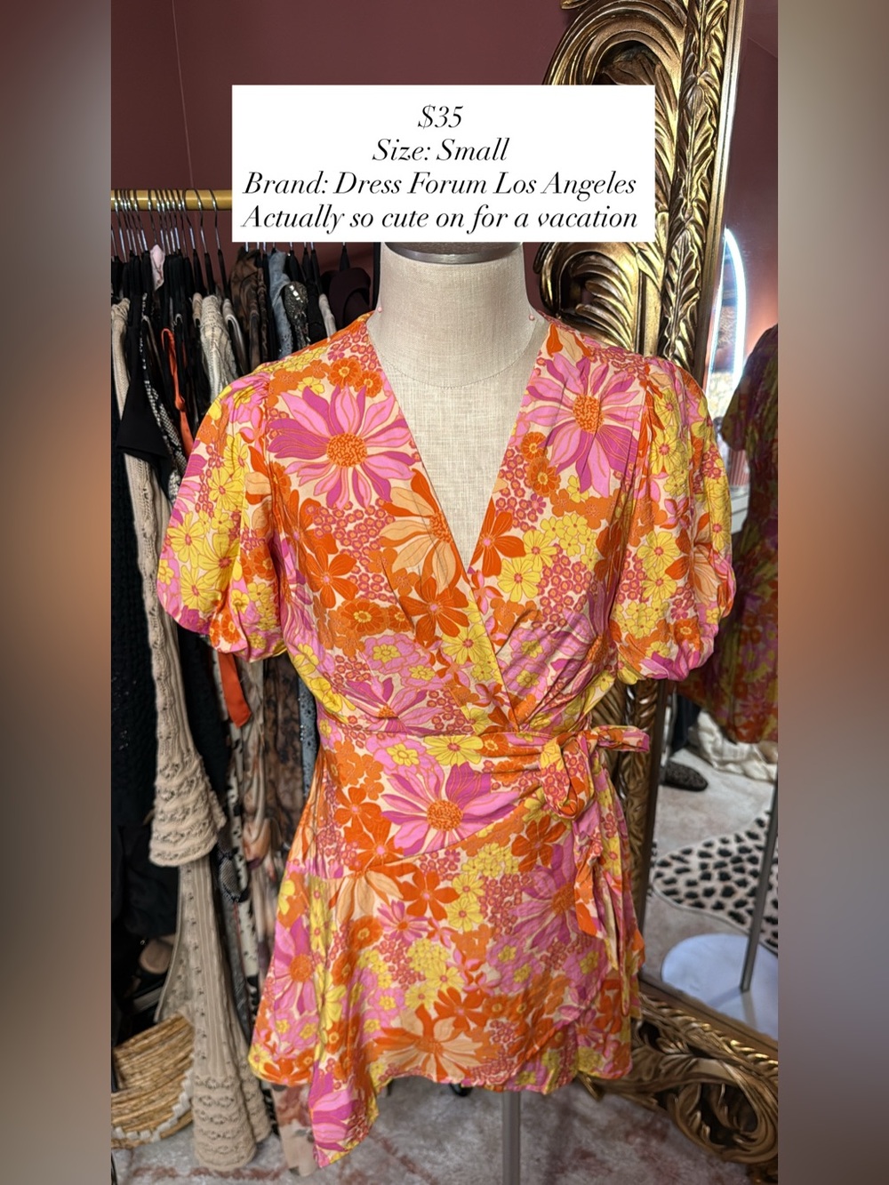 Dress Forum Pink & Orange Floral Wrap Mini Dress